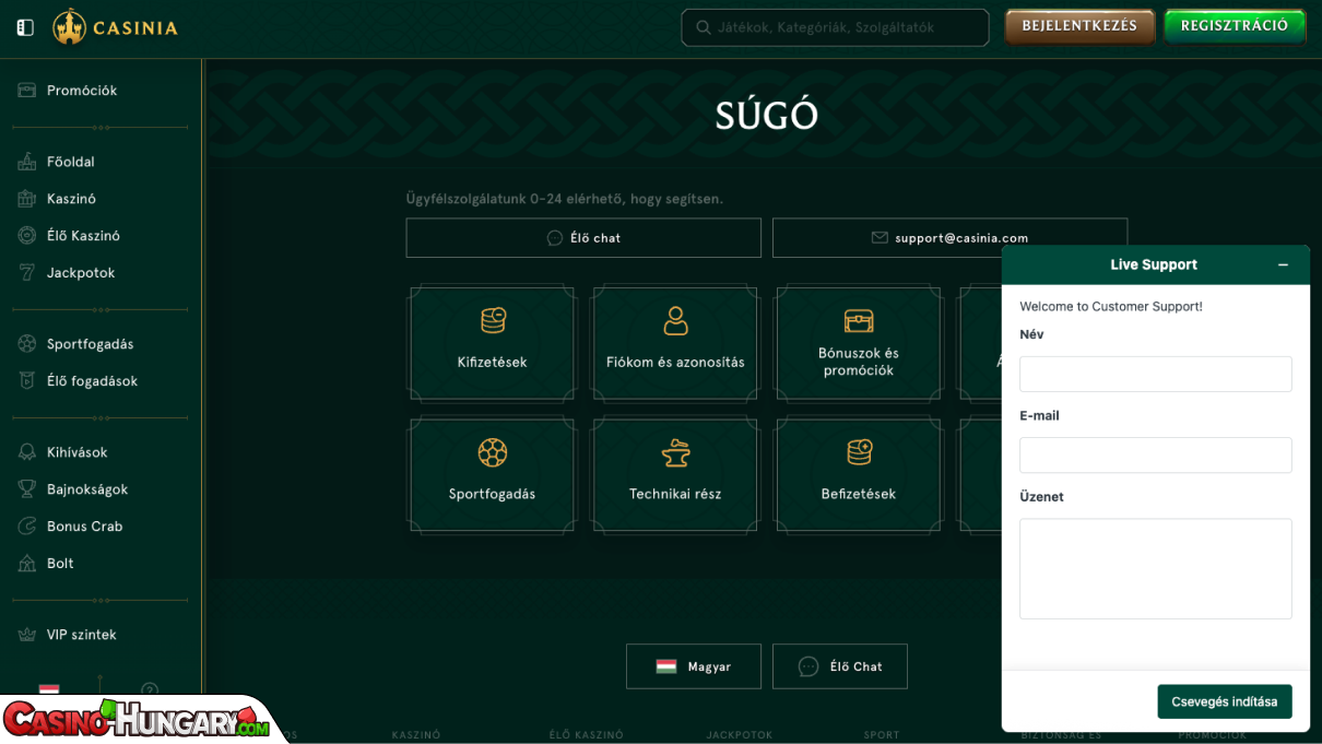 Casinia Kaszinó ügyfélszolgálat