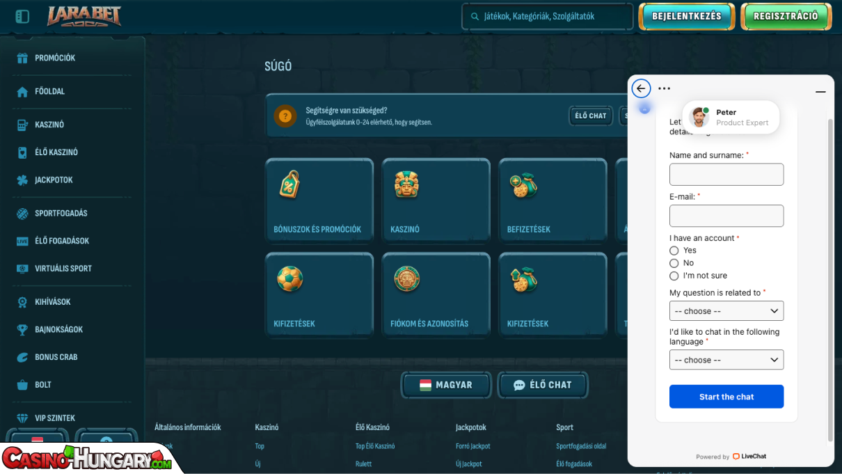 LaraBet Kaszinó ügyfélszolgálat