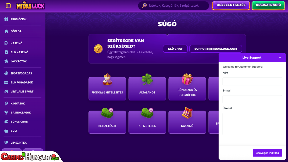 MidasLuck Kaszinó ügyfélszolgálat
