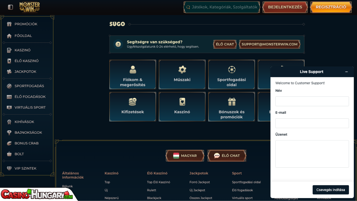 MonsterWin Kaszinó ügyfélszolgálat