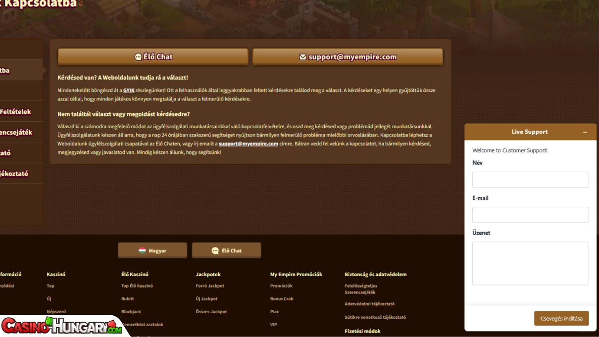My Empire Kaszinó ügyfélszolgálat