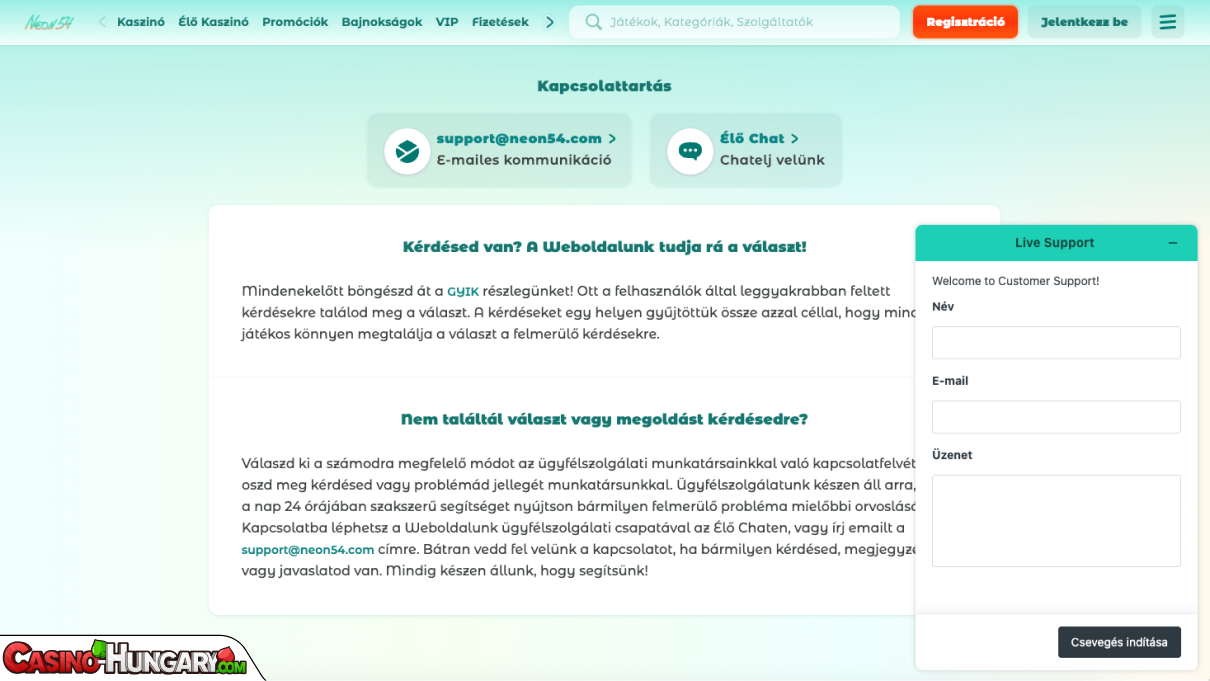 Neon54 Kaszinó ügyfélszolgálat