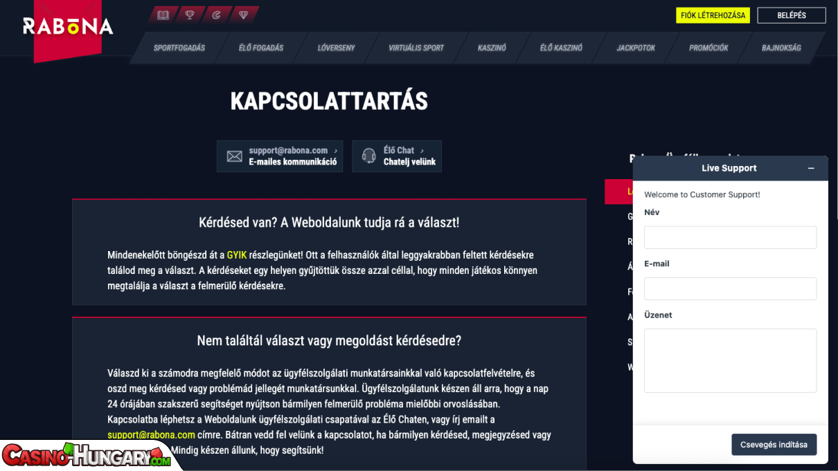 Rabona Kaszinó ügyfélszolgálat