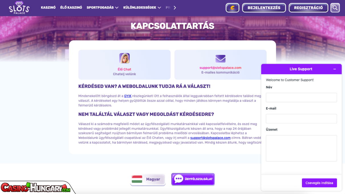Slots Palace Kaszinó ügyfélszolgálat