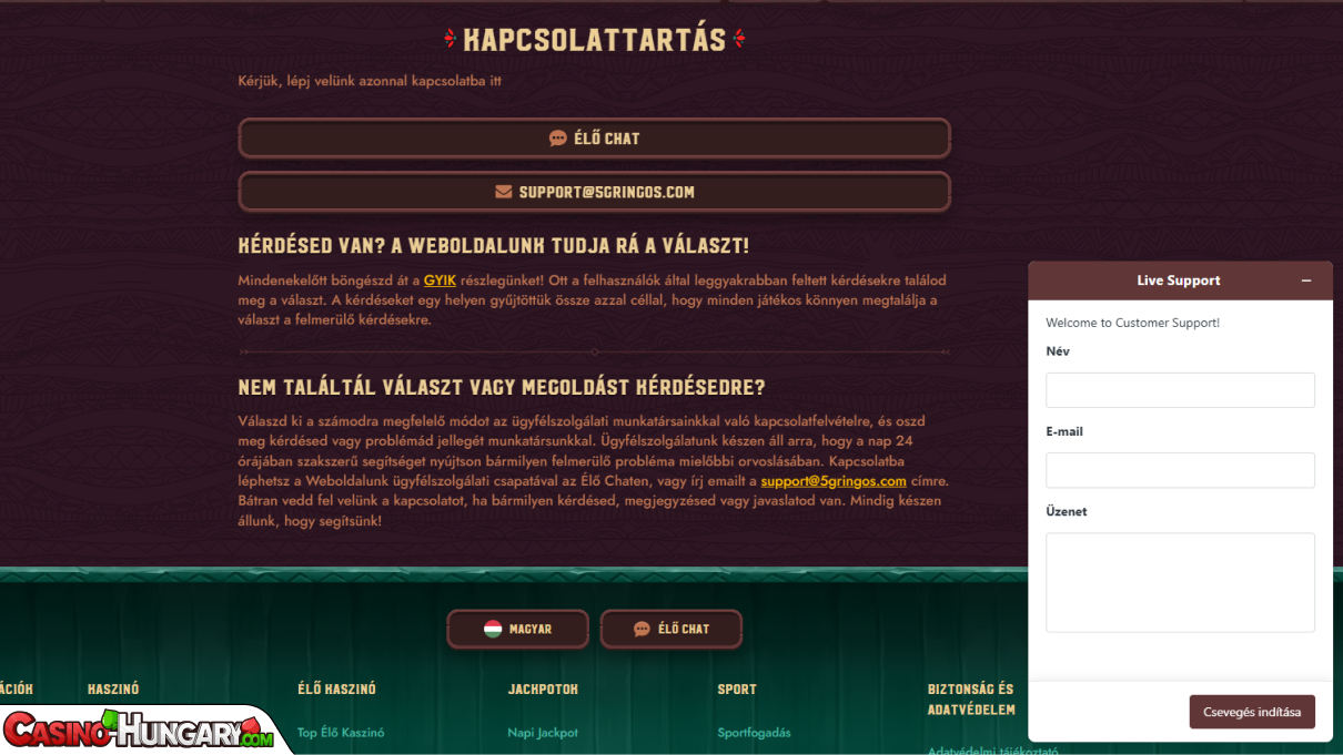 5 Gringos Kaszinó ügyfélszolgálat