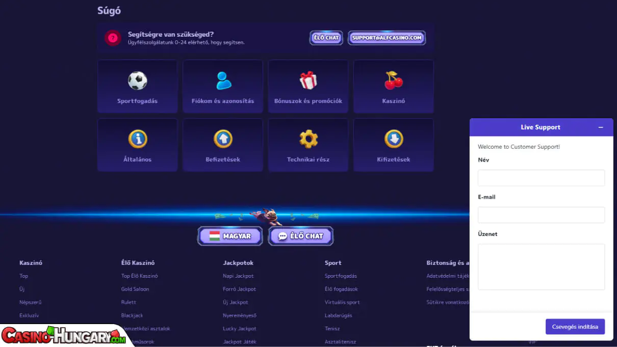Alf Kaszinó ügyfélszolgálat