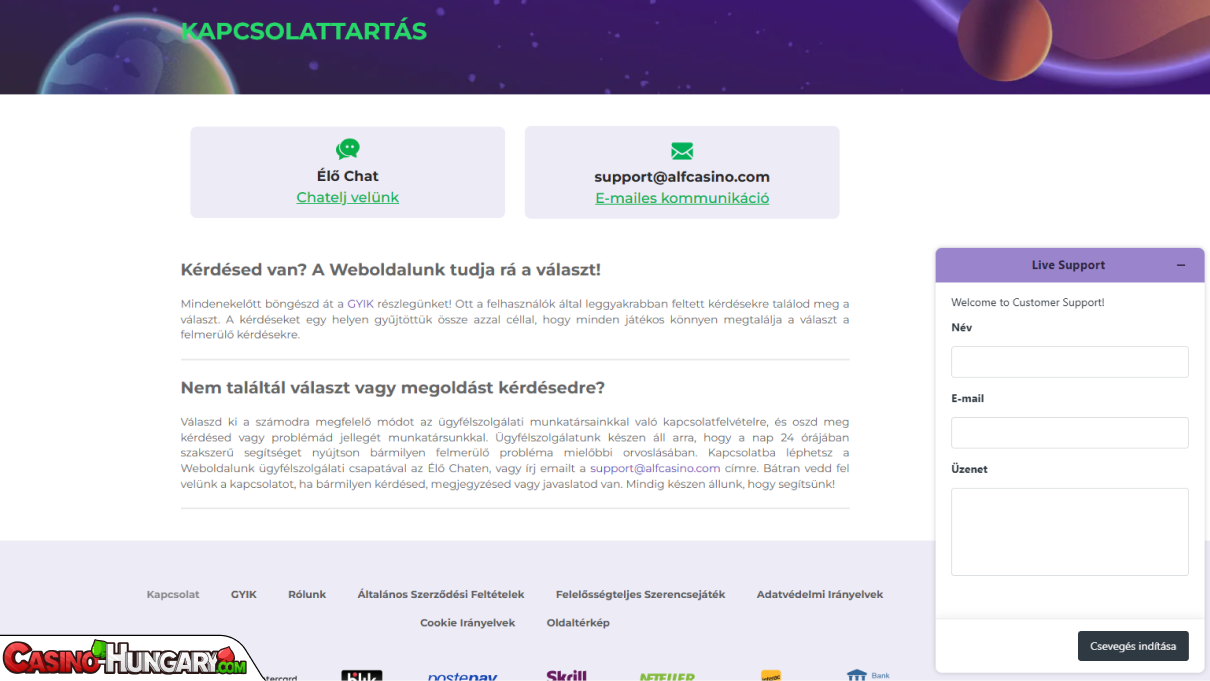 Alf Kaszinó ügyfélszolgálat