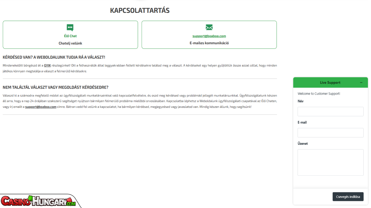 BoaBoa Kaszinó ügyfélszolgálat