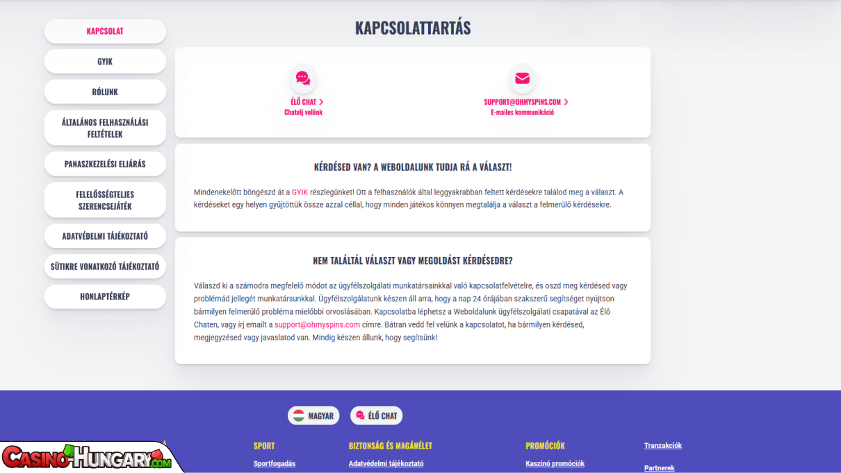 OhMySpins Kaszinó ügyfélszolgálat