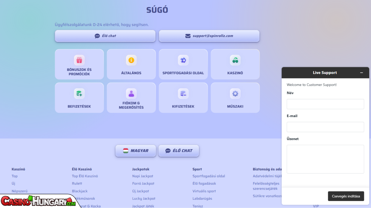 SpinRollz Kaszinó ügyfélszolgálat