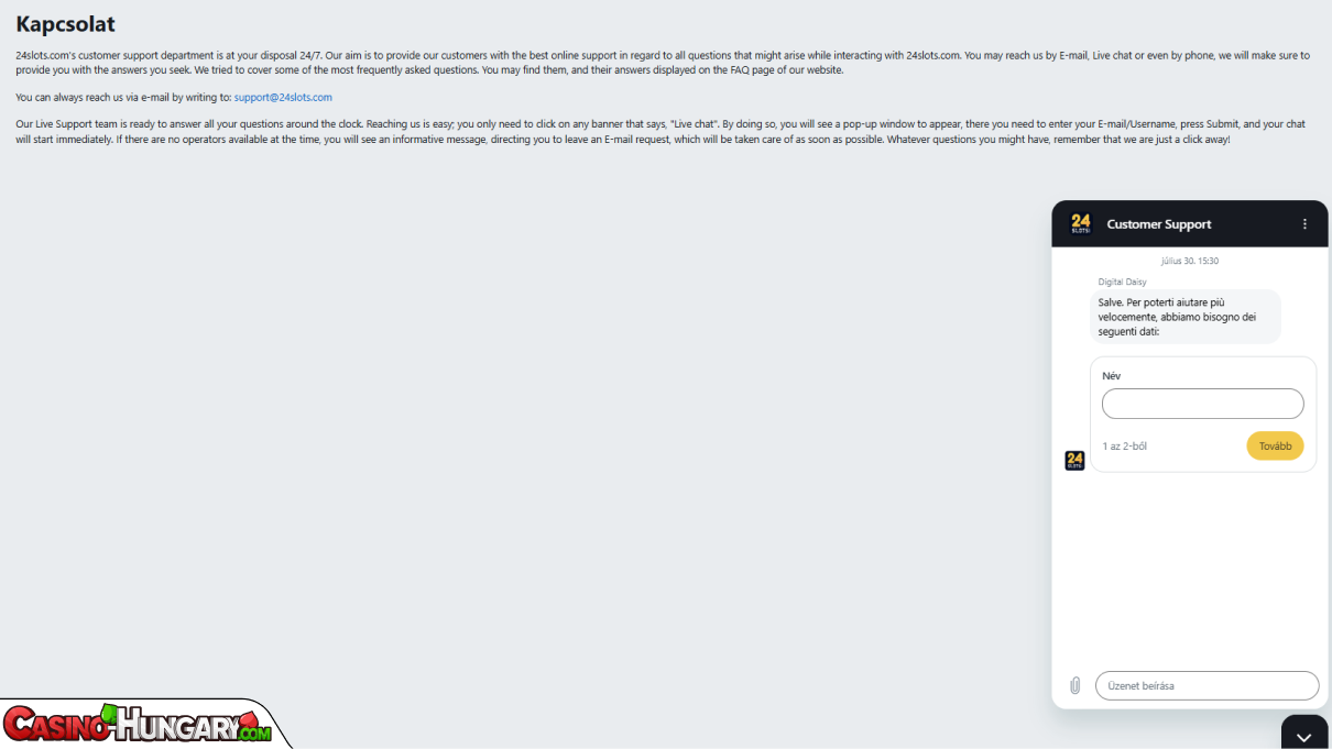 24Slots Kaszinó ügyfélszolgálat
