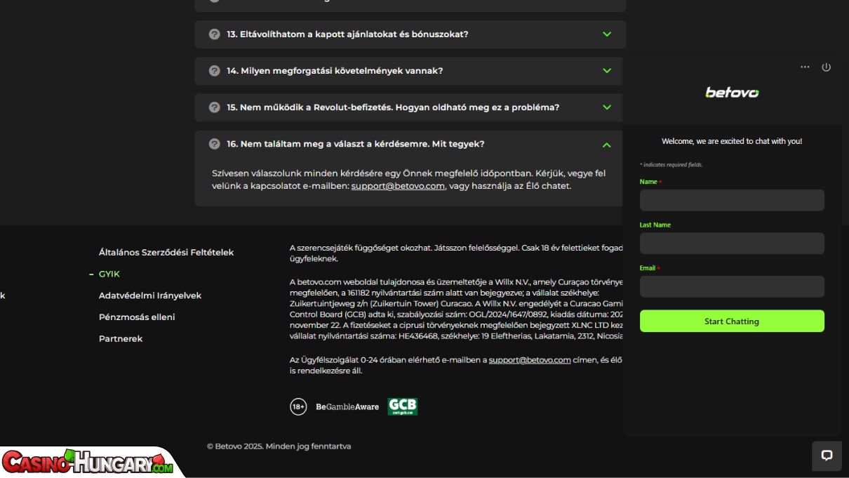 Betovo Kaszinó ügyfélszolgálat