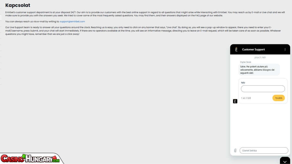 EmirBet Kaszinó ügyfélszolgálat