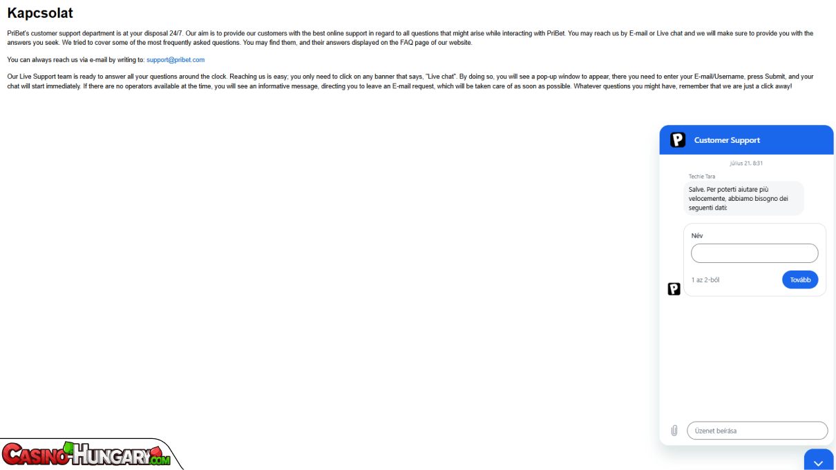PriBet Kaszinó ügyfélszolgálat