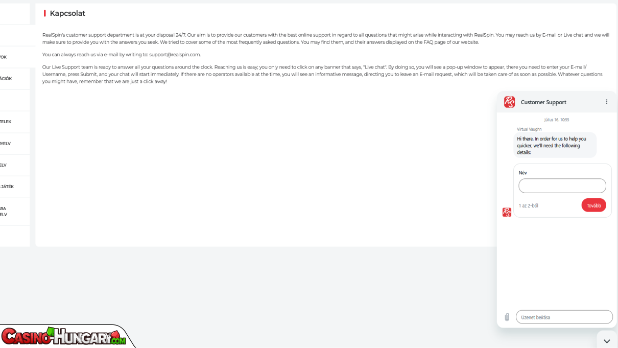 RealSpin Kaszinó ügyfélszolgálat