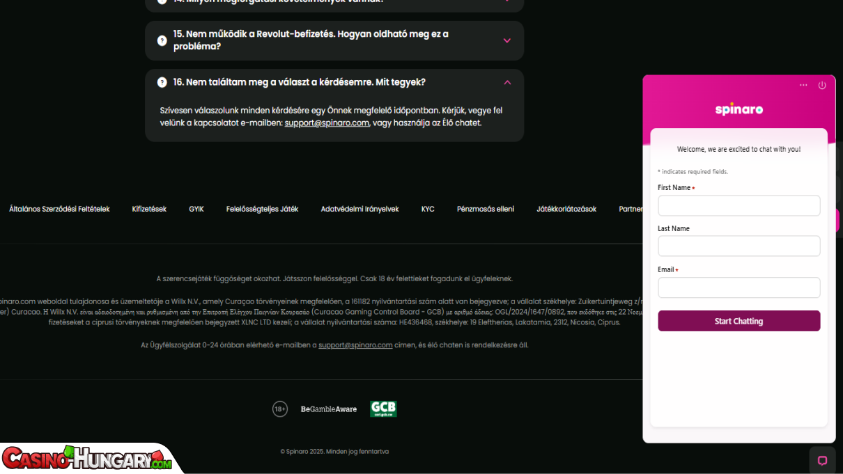 Spinaro Kaszinó ügyfélszolgálat