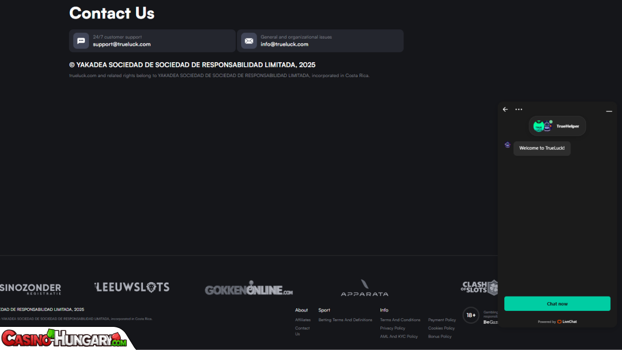 TrueLuck Kaszinó ügyfélszolgálat