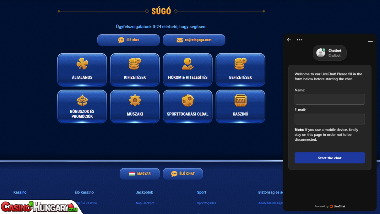 Wingaga Kaszinó ügyfélszolgálat