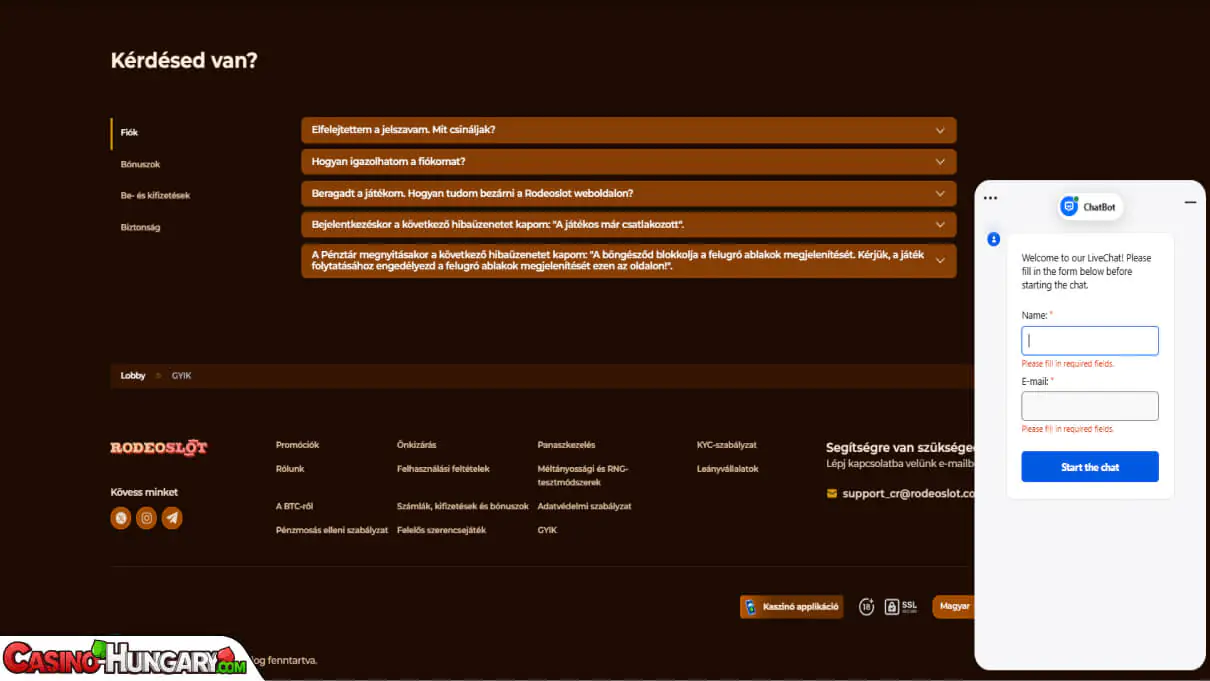 RodeoSlot Kaszinó ügyfélszolgálat