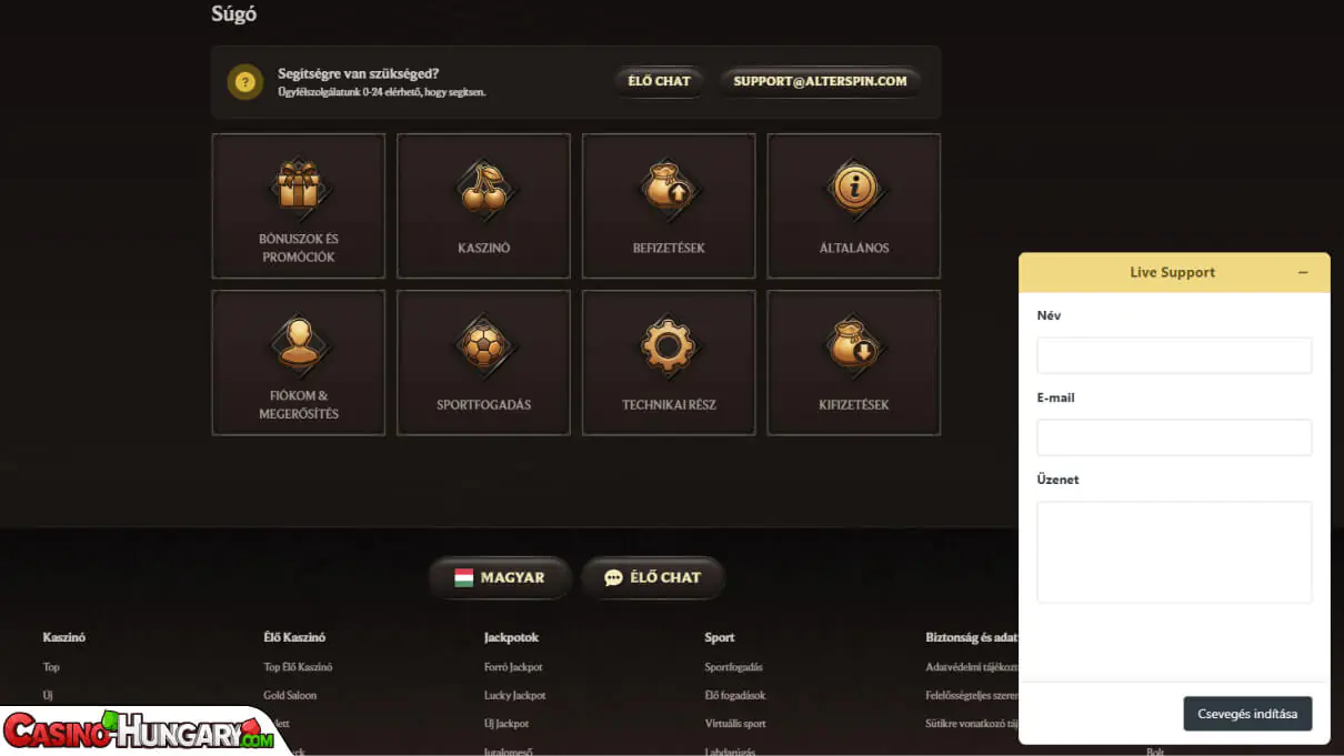 alterspin kaszinó ügyfélszolgálat