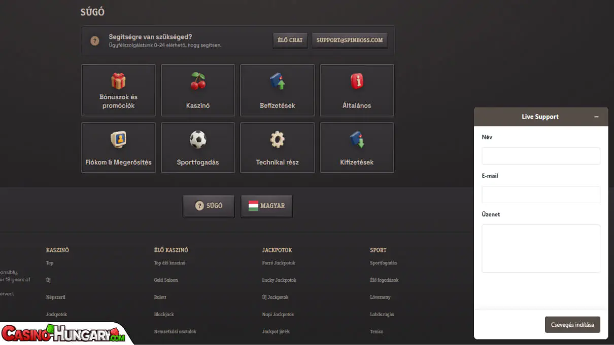 spinboss kaszinó ügyfélszolgálat